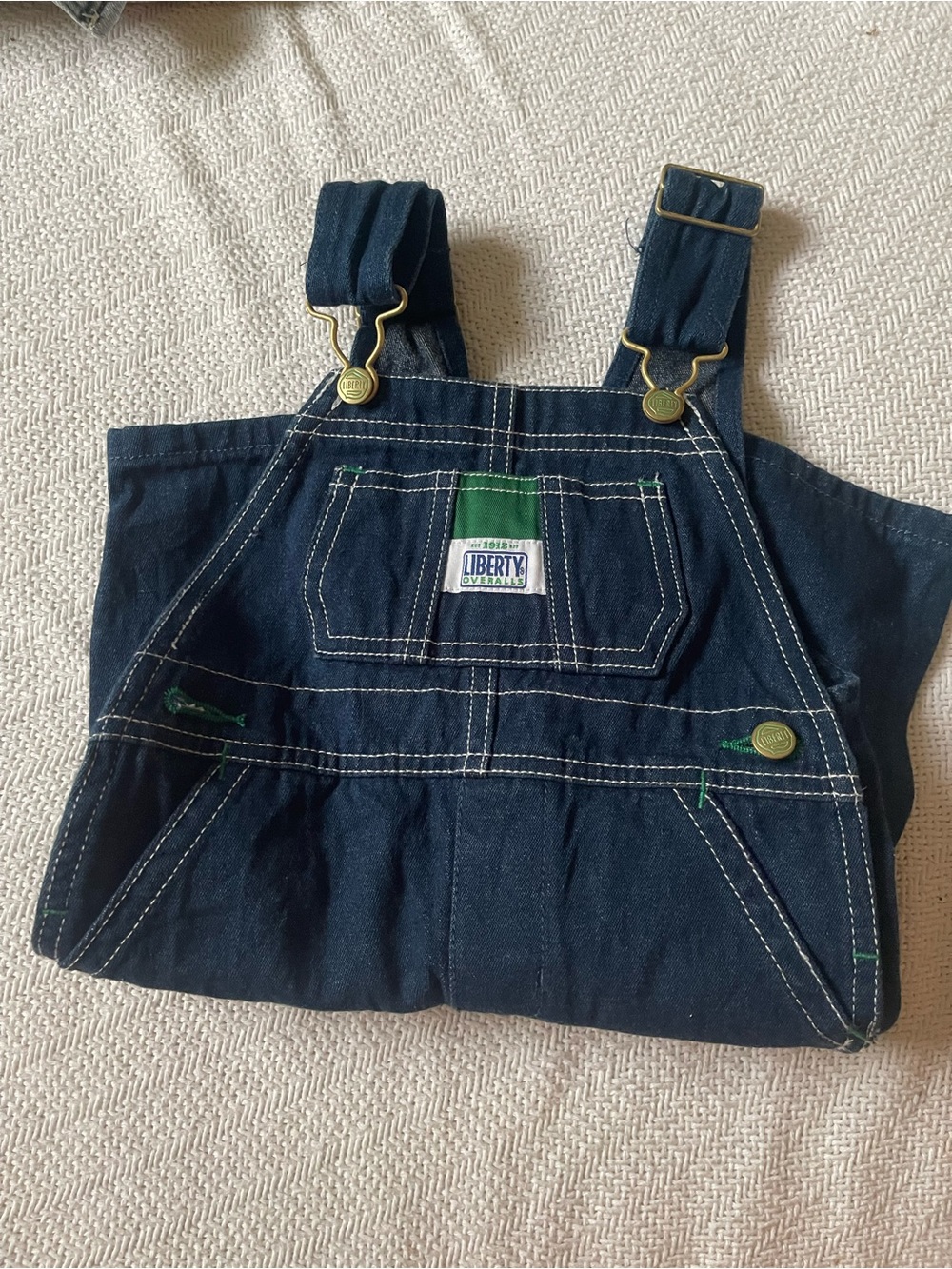 liberty navy denim overalls with green accents